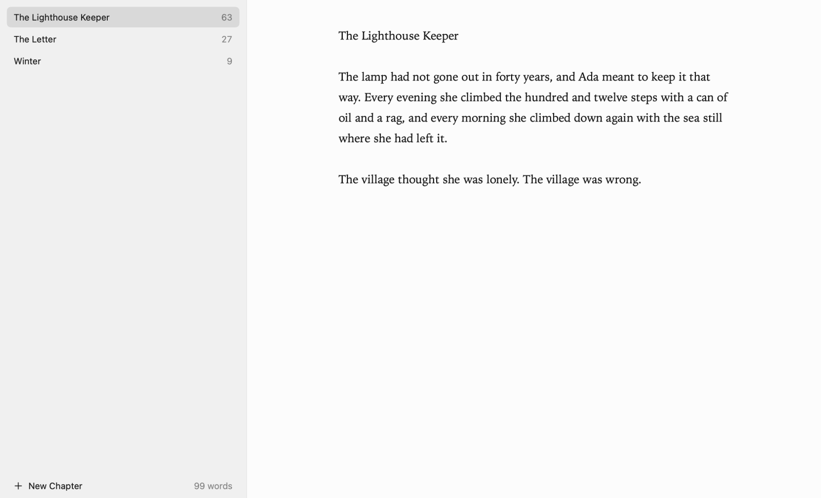 Door editing mode: a chapter list with word counts beside the text of The Lighthouse Keeper.