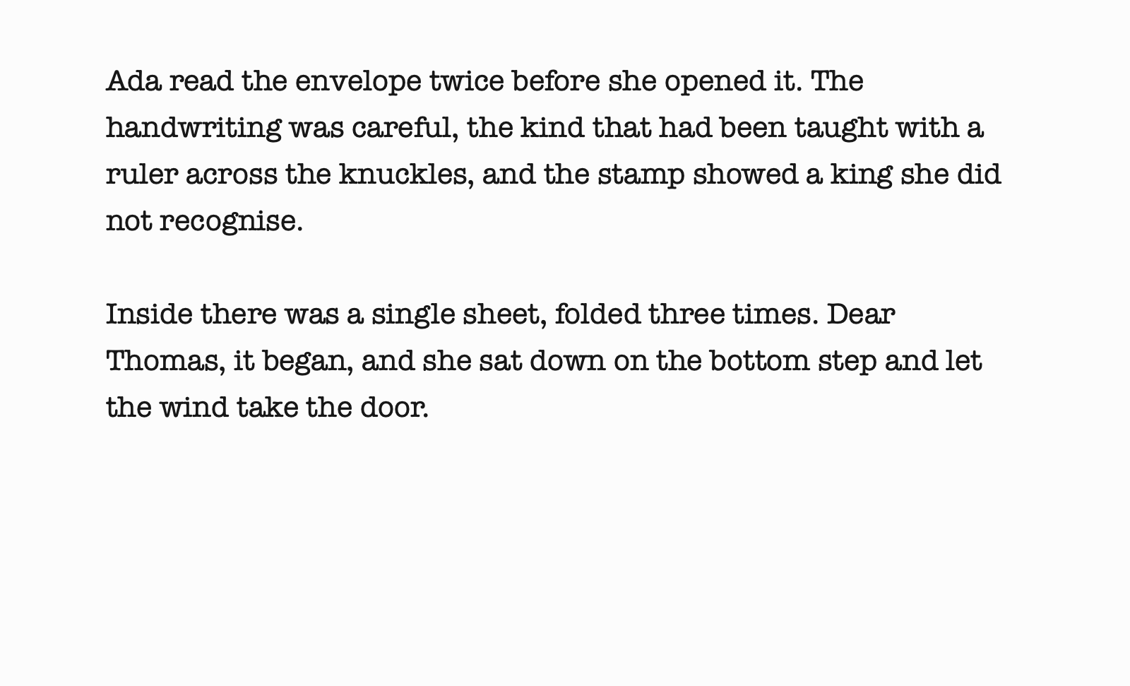 Door writing mode: a full screen page with typewriter text and no app controls.